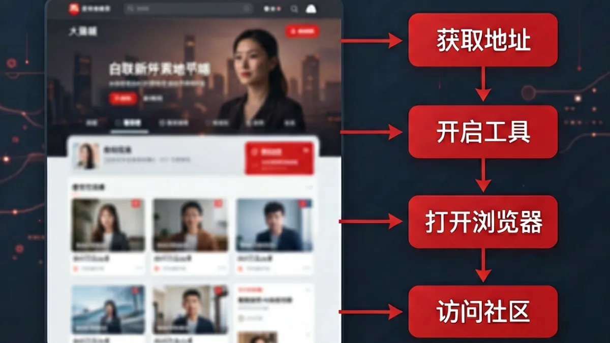 第一会所网址SIS001入门指引封面图，展示社区首页界面与新手访问流程示意图