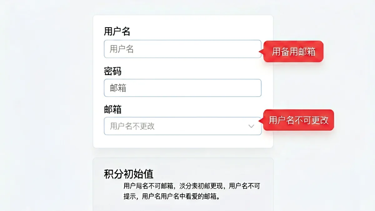 第一会所网址SIS001新手注册页面截图示意，标注用户名填写区域与积分体系说明位置